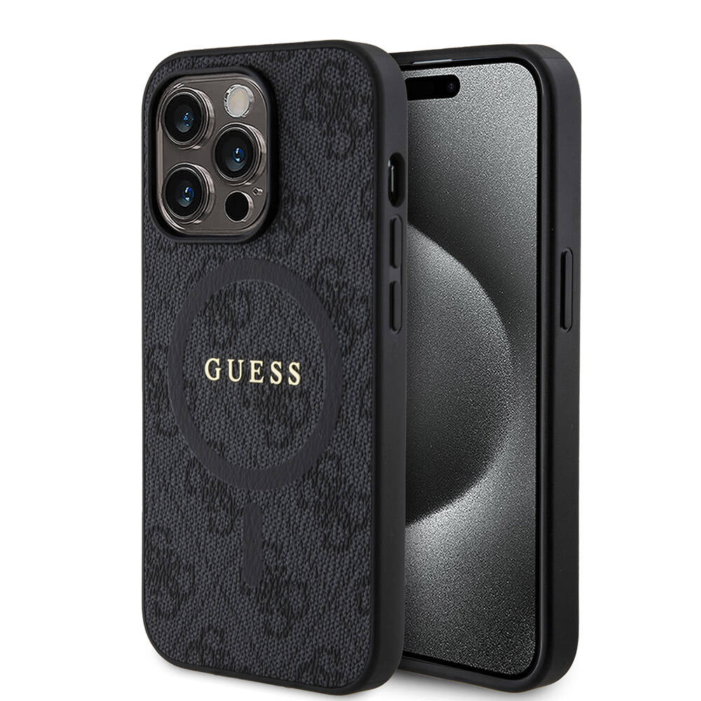 Apple iPhone 14 Pro Case Guess Original Licensed M-safe Charging Feature PU Ring 4G Patterned Text Logo Cover Brown
