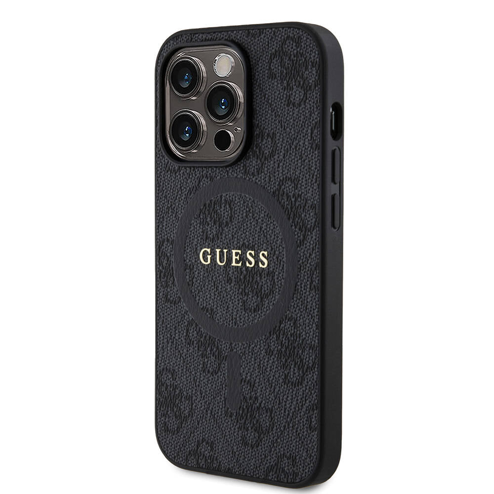 Apple iPhone 14 Pro Case Guess Original Licensed M-safe Charging Feature PU Ring 4G Patterned Text Logo Cover Brown