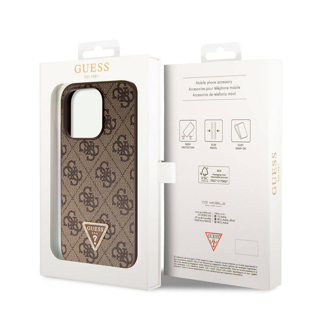 Apple iPhone 14 Pro Case Guess Original Licensed PU Leather Stone Triangle Logo 4G Patterned Cover Brown