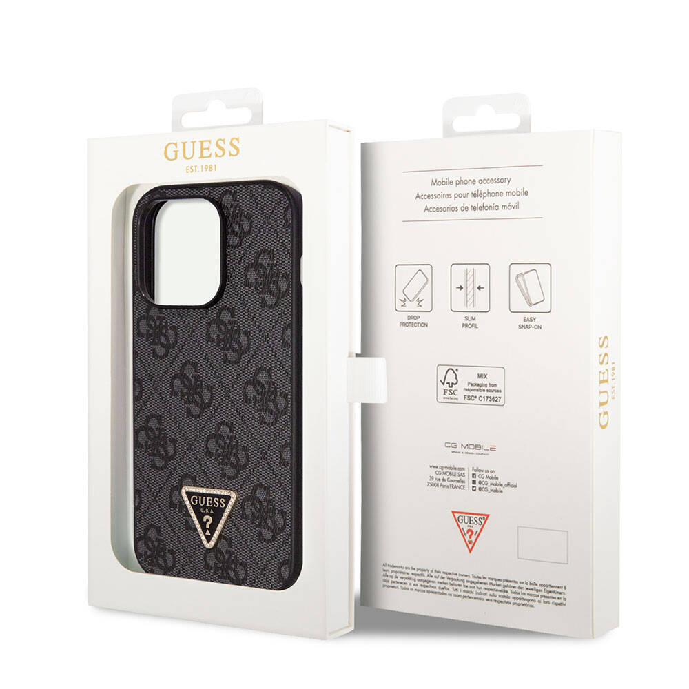 Apple iPhone 14 Pro Case Guess Original Licensed PU Leather Stone Triangle Logo 4G Patterned Cover Brown