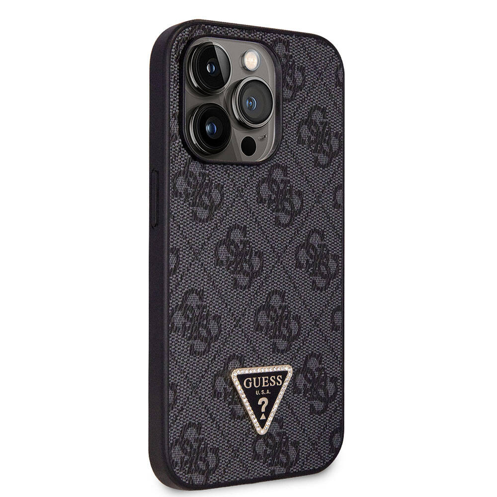 Apple iPhone 14 Pro Case Guess Original Licensed PU Leather Stone Triangle Logo 4G Patterned Cover Black