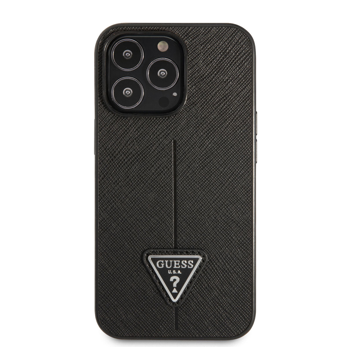 Apple iPhone 14 Pro Case GUESS PU Saffron Leather Triangle Logo Design Cover Black