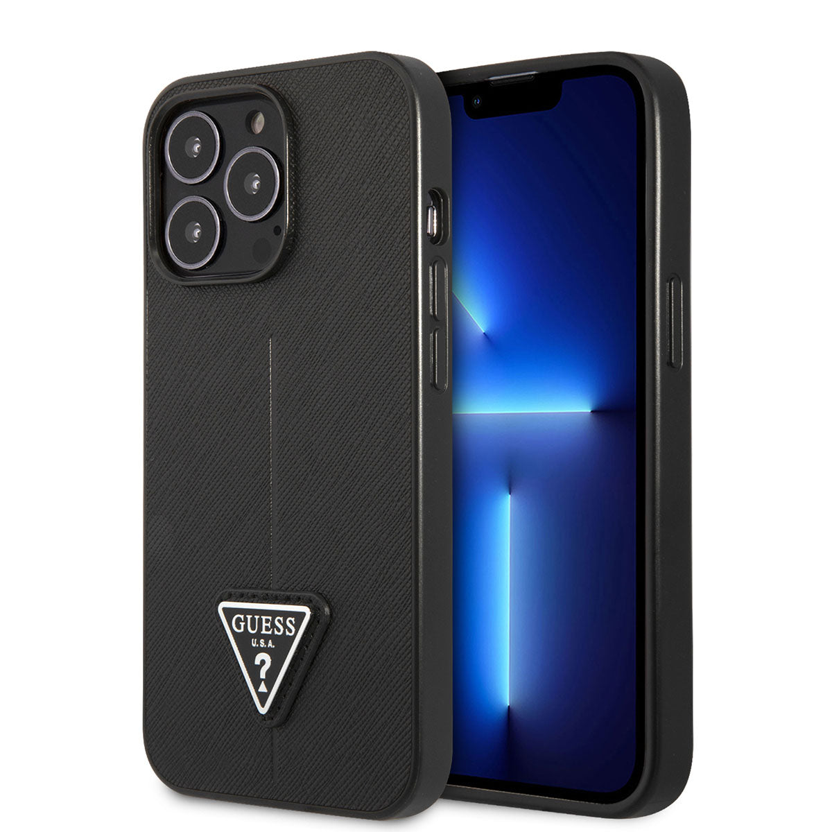 Apple iPhone 14 Pro Case GUESS PU Saffron Leather Triangle Logo Design Cover Black