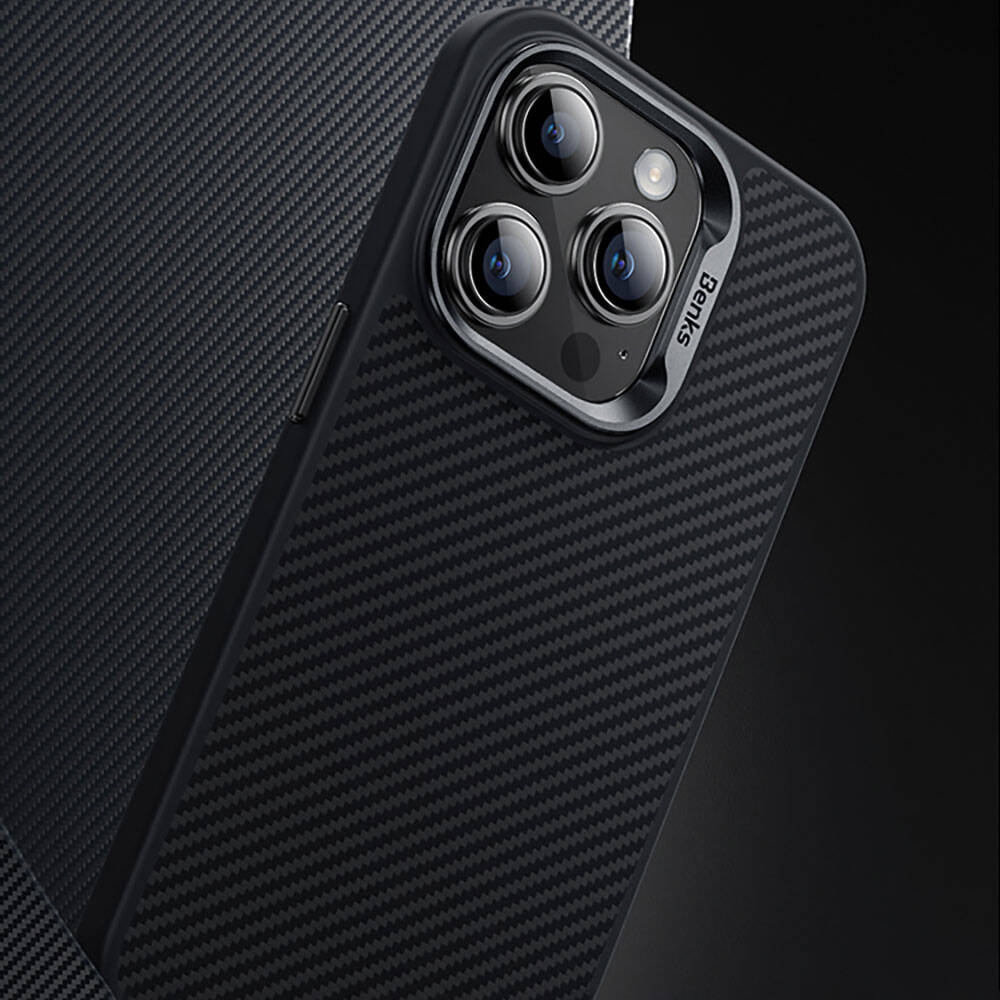 Apple iPhone 14 Pro Case Carbon Fiber M-Safe Charging Feature Benks Hybrid ArmorPro 600D Kevlar Cover Black