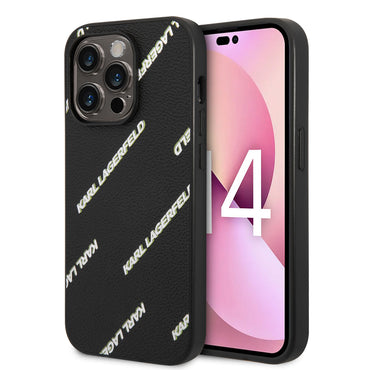 Apple iPhone 14 Pro Kılıf Karl Lagerfeld PU Suni Deri Logolu Dizayn Kapak Siyah