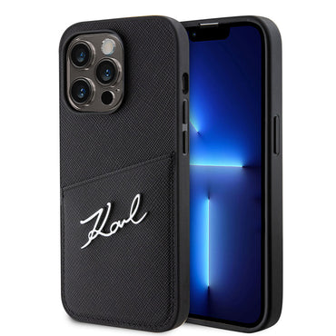 Apple iPhone 14 Pro Kılıf Karl Lagerfeld Saffiano Deri Kartlıklı Dizayn Kapak Siyah