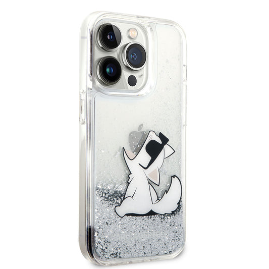 Apple iPhone 14 Pro Case Karl Lagerfeld Liquid Glitter Choupette Design Cover Silver