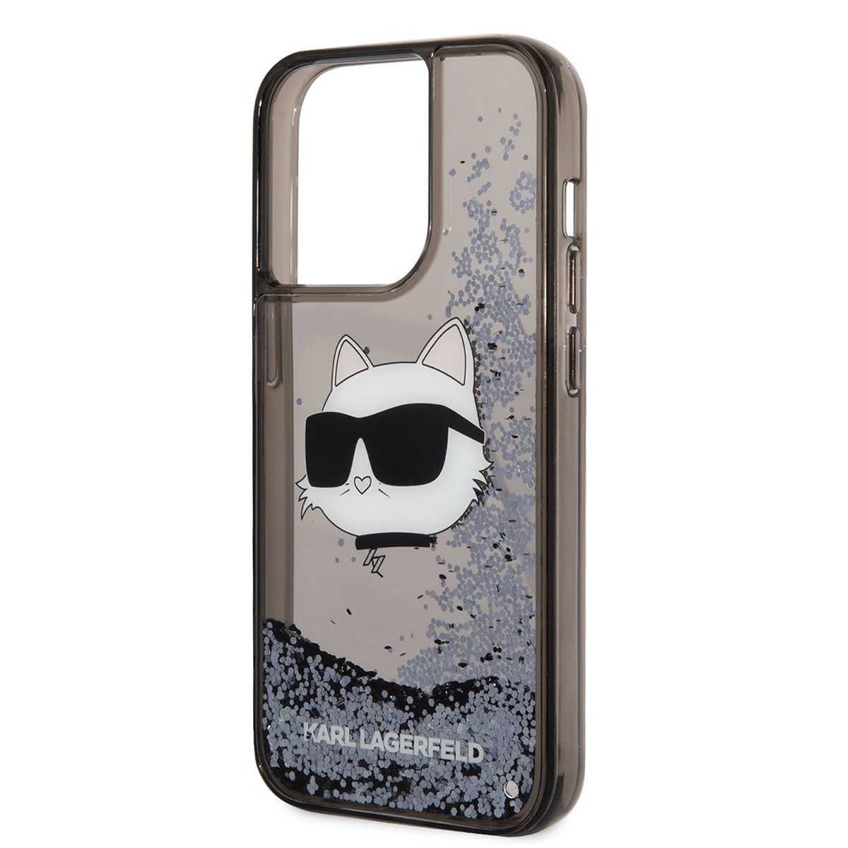 Apple iPhone 14 Pro Kılıf Karl Lagerfeld Sıvılı Simli Choupette Head Dizayn Kapak Siyah
