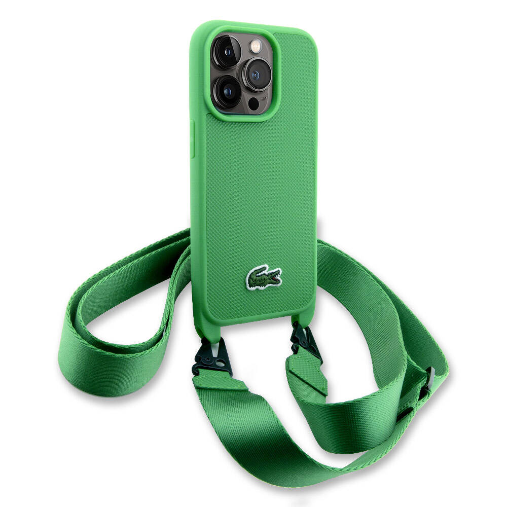 Apple iPhone 14 Pro Case Lacoste Original Licensed PU Pique Patterned Back Surface Strap Iconic Crocodile Woven Logo Cover Green