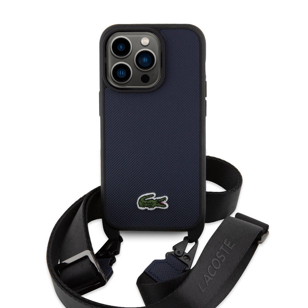 Apple iPhone 14 Pro Case Lacoste Original Licensed PU Pique Patterned Back Surface Strap Iconic Crocodile Woven Logo Cover Navy Blue