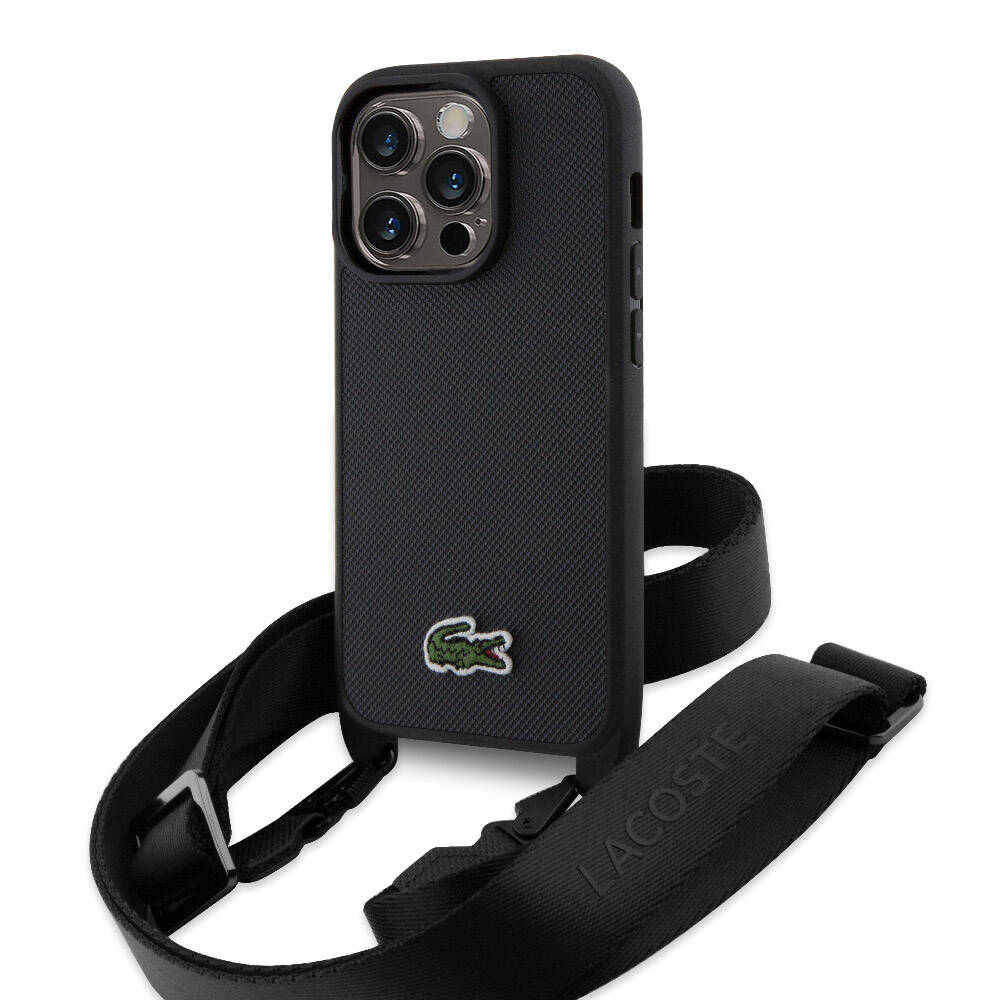 Apple iPhone 14 Pro Kılıf Lacoste Orjinal Lisanslı PU Pike Desenli Arka Yüzey Askılı İkonik Timsah Dokuma Logolu Kapak Siyah
