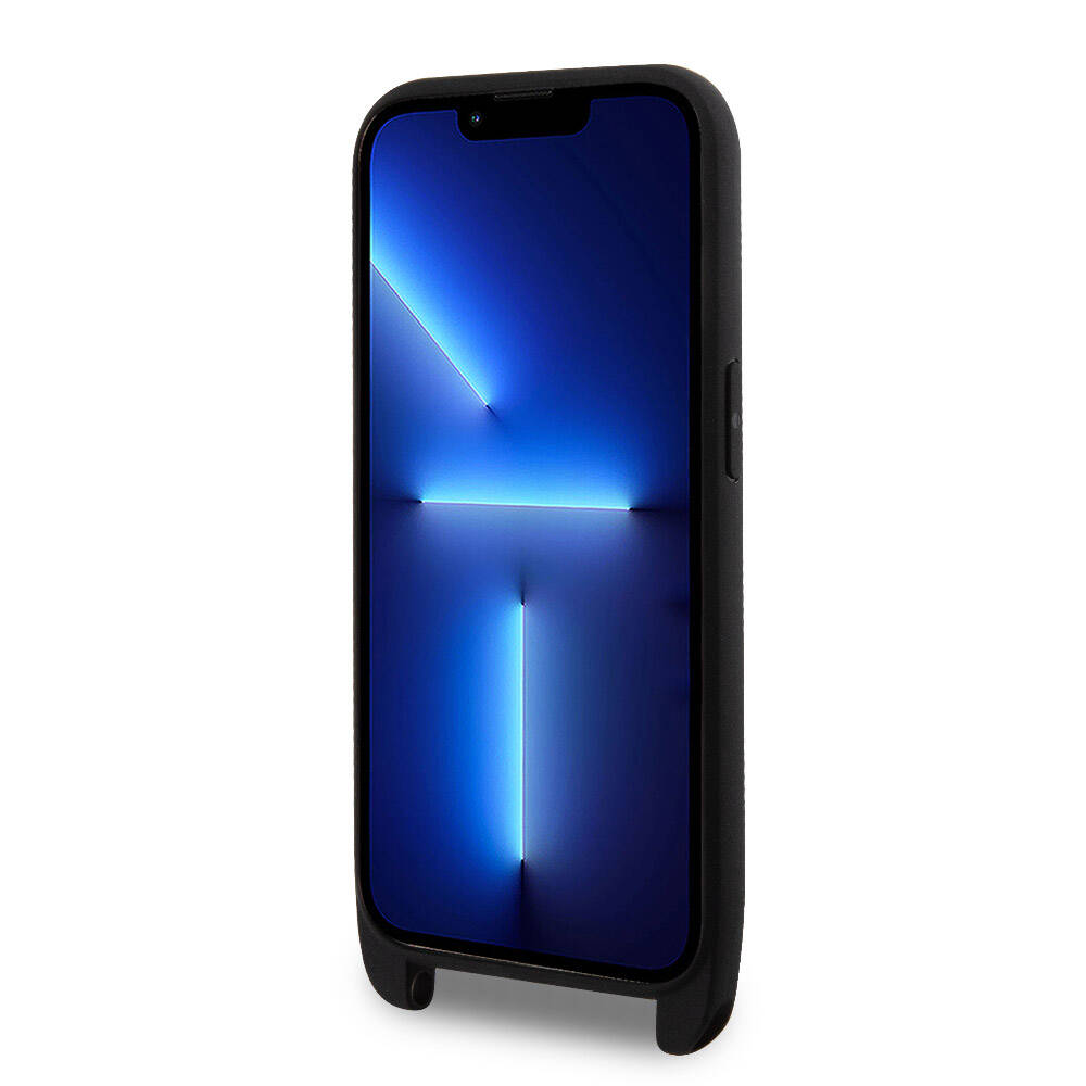 Apple iPhone 14 Pro Kılıf Lacoste Orjinal Lisanslı PU Pike Desenli Arka Yüzey Askılı İkonik Timsah Dokuma Logolu Kapak Siyah