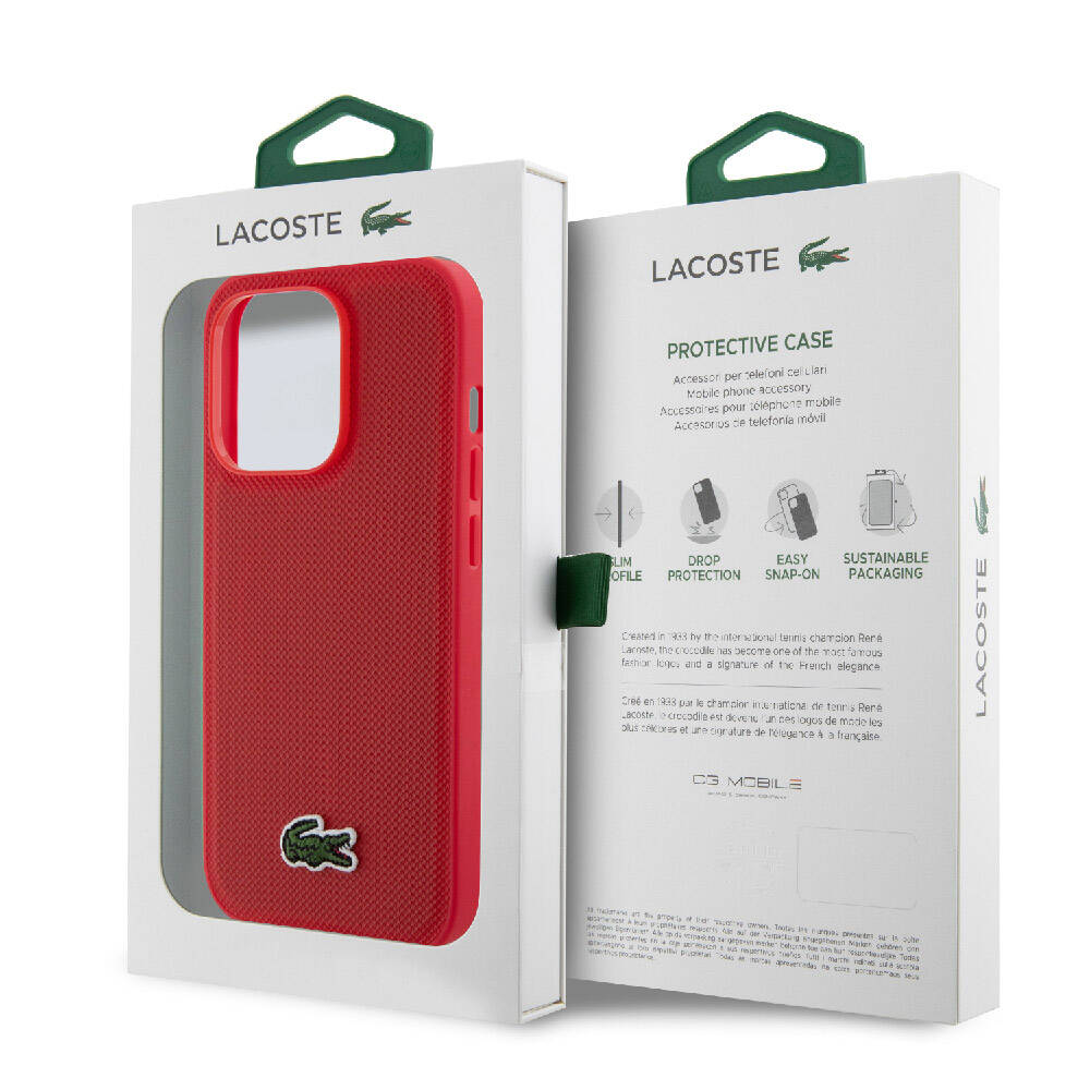 Apple iPhone 14 Pro Case Lacoste Original Licensed PU Pique Patterned Back Surface Iconic Crocodile Woven Logo Cover Red
