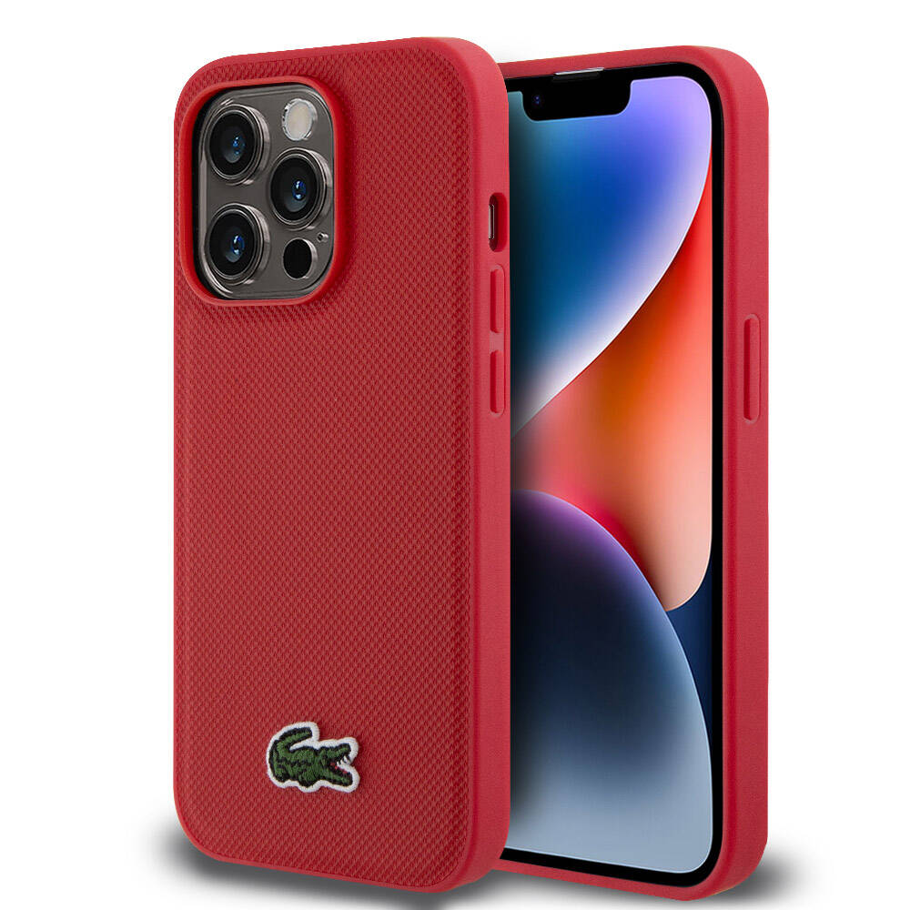 Apple iPhone 14 Pro Case Lacoste Original Licensed PU Pique Patterned Back Surface Iconic Crocodile Woven Logo Cover Red