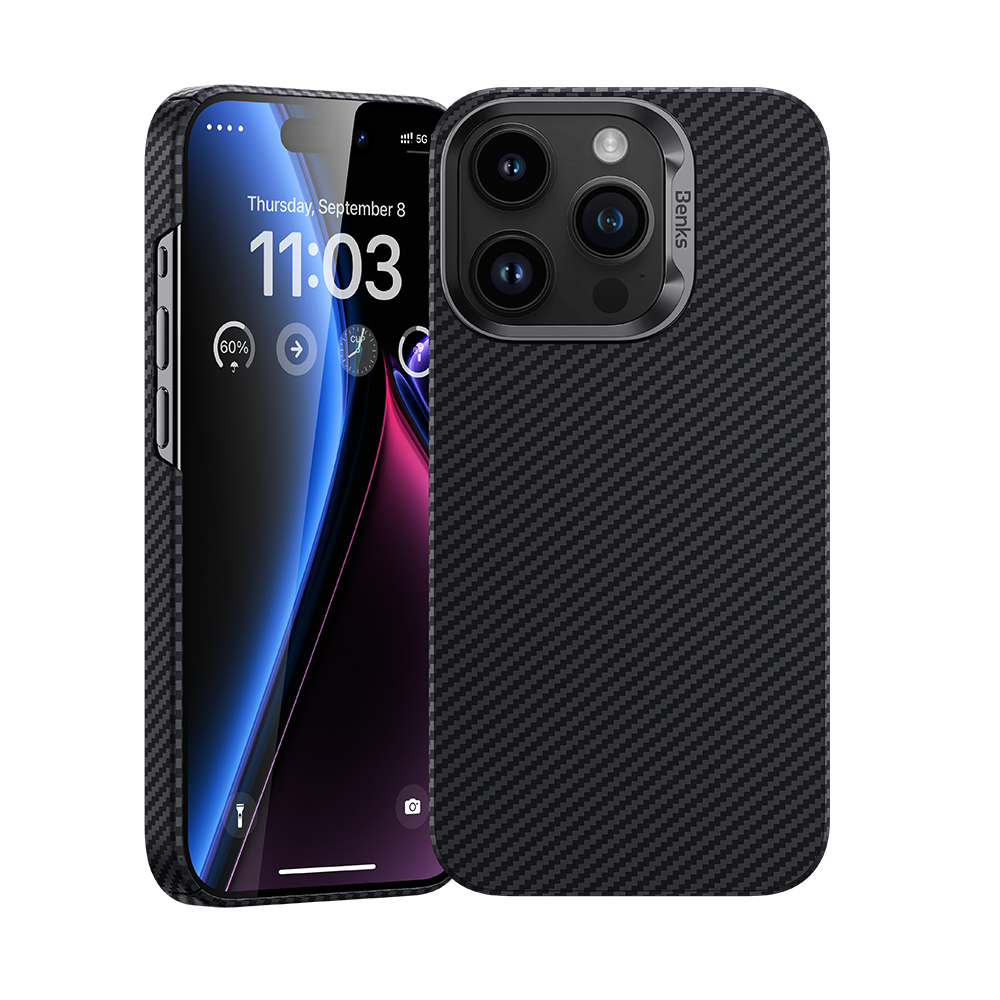 Apple iPhone 14 Pro Case M-safe Charging Feature Carbon Fiber Benks MFM Licensed 600D Essential Kevlar Cover Black