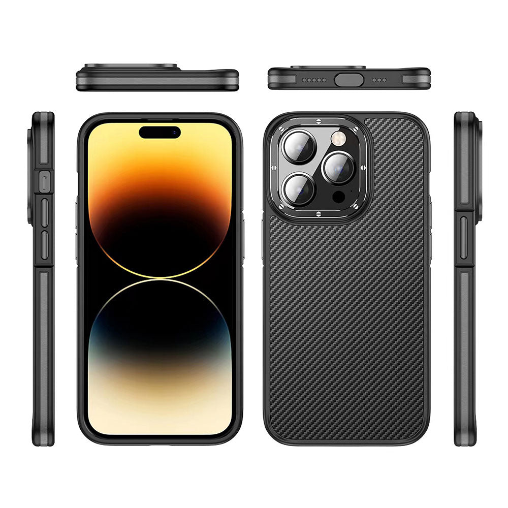 Apple iPhone 14 Pro Kılıf Mat Transparan Karbon Fiber Görünümlü Wlons Marin Kapak Siyah