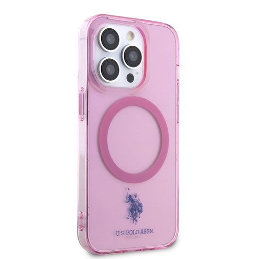 Apple iPhone 14 Pro Case US POLO ASSN. Transparent Design Cover with M-safe Charging Feature Pink
