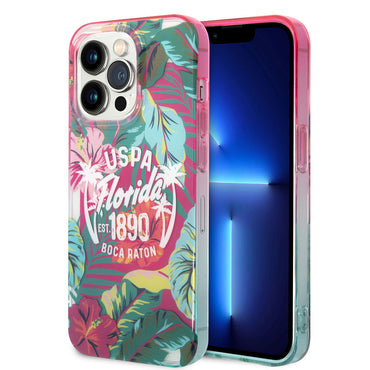 Apple iPhone 14 Pro Case US POLO ASSN. Colorful Leaf Printed Design Cover Green