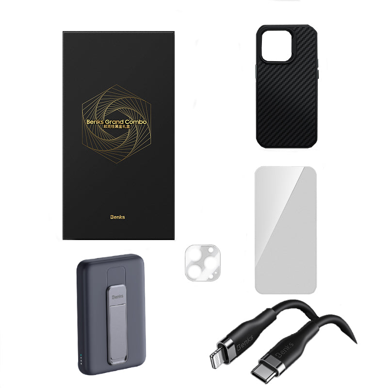 Apple iPhone 14 Pro Max Benks Grand Combo New 5-in-1 Accessory Set Case-Screen Protector-Lens Protector-Cable-Powerbank Black