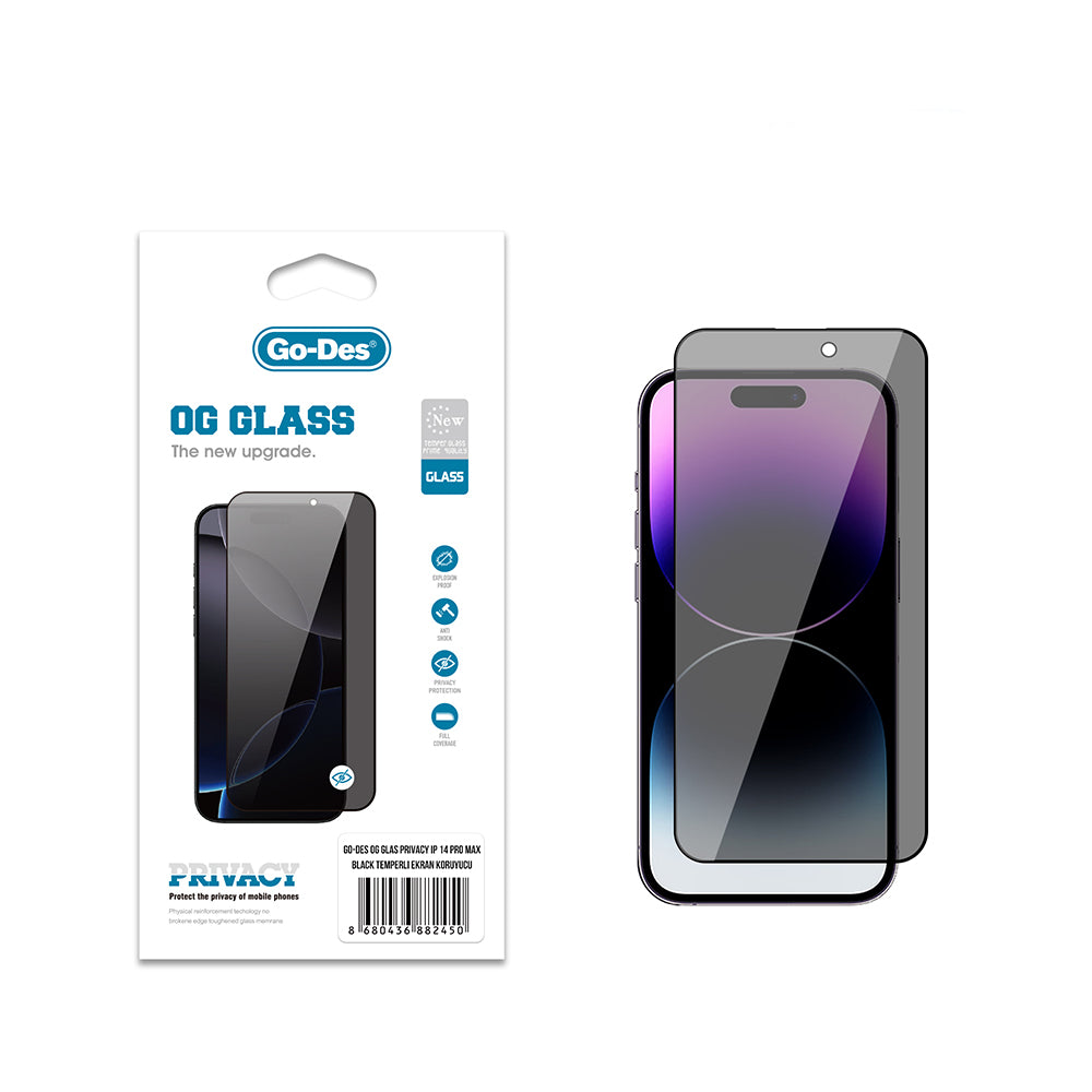 Apple iPhone 14 Pro Max Go Des OG Glass Privacy Antistatik Temperli Cam Ekran Koruyucu Siyah