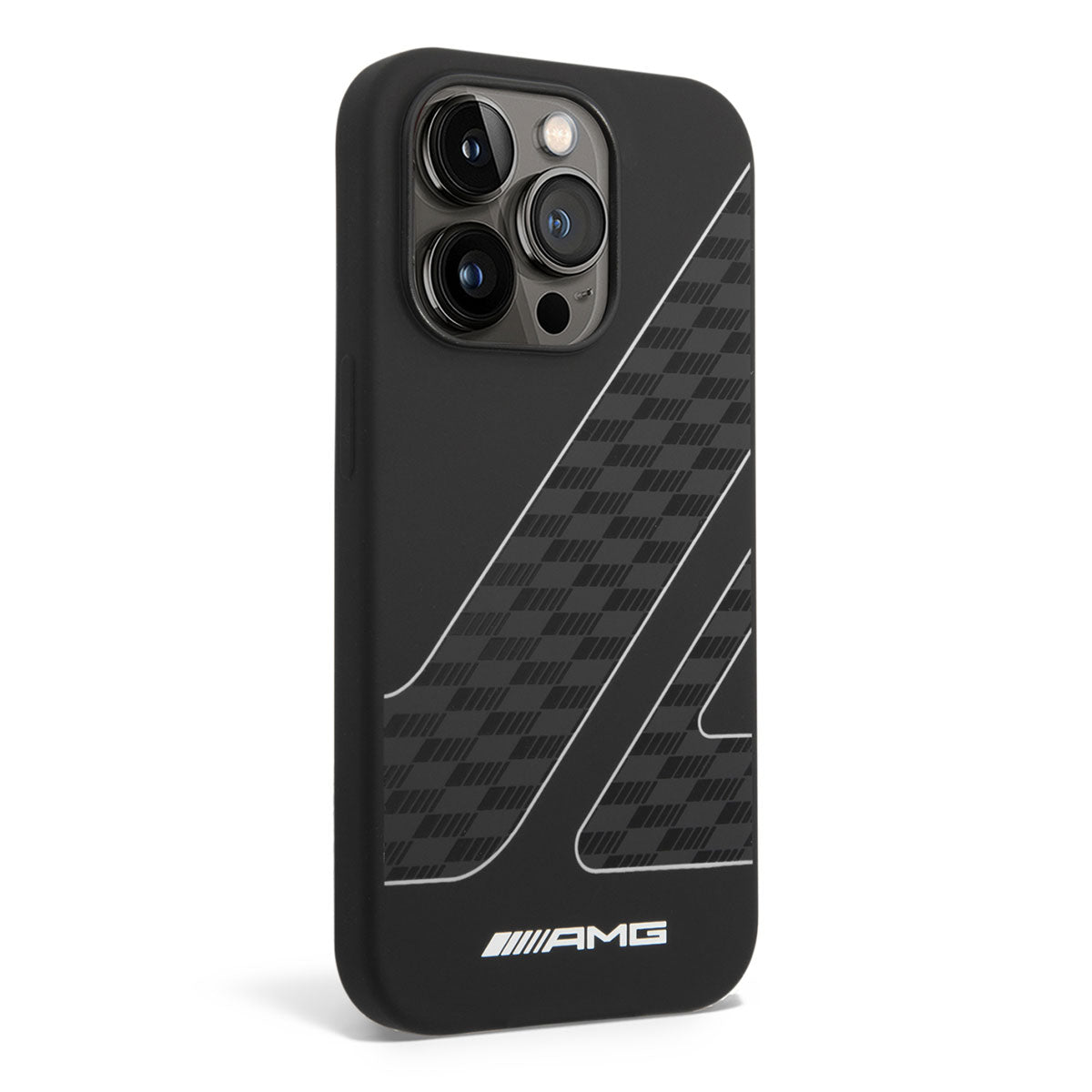 Apple iPhone 14 Pro Max Case AMG Liquid Silicone Checkered Flag Design Cover Black-White