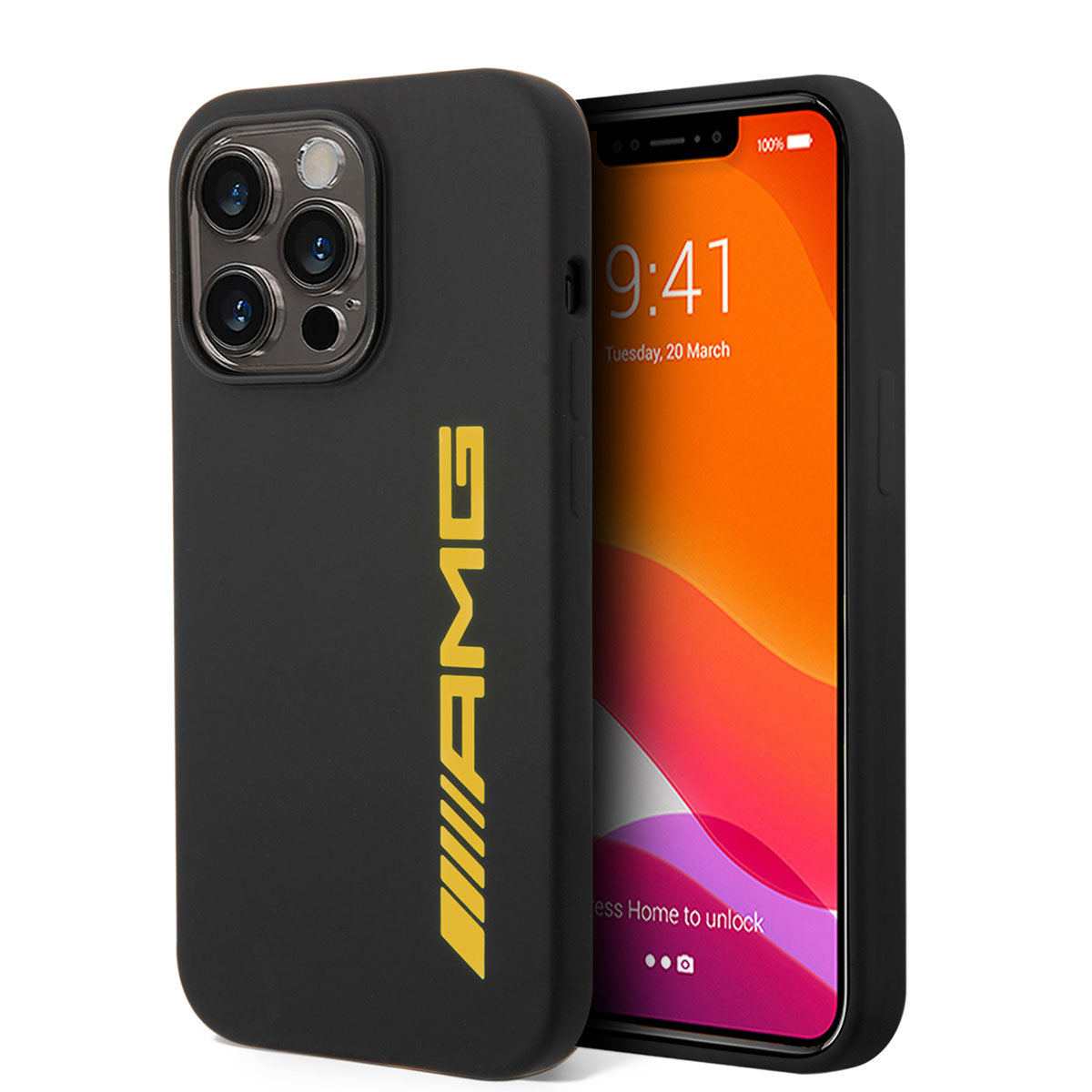 Apple iPhone 14 Pro Max Case AMG Silicone Large Yellow Logo Design Cover Black-Yellow