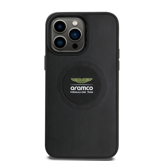 Apple iPhone 14 Pro Max Kılıf Aston Martin Orjinal Lisanslı M-safe Şarj Özellikli Aluminyum Arka Yüzeyli Formula One Team Baskılı Kapak Siyah