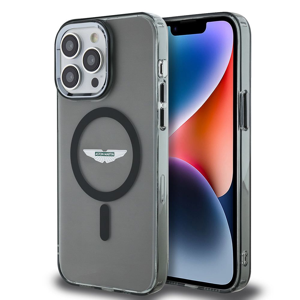 Apple iPhone 14 Pro Max Kılıf Aston Martin Orjinal Lisanslı M-safe Şarj Özellikli IML Baskı Logolu Metal Düğmeli Kapak Siyah