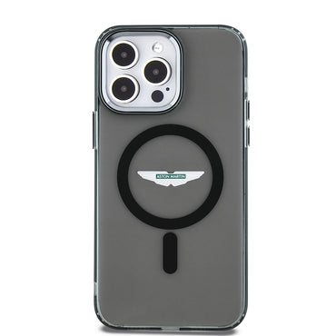 Apple iPhone 14 Pro Max Kılıf Aston Martin Orjinal Lisanslı M-safe Şarj Özellikli IML Baskı Logolu Metal Düğmeli Kapak Siyah