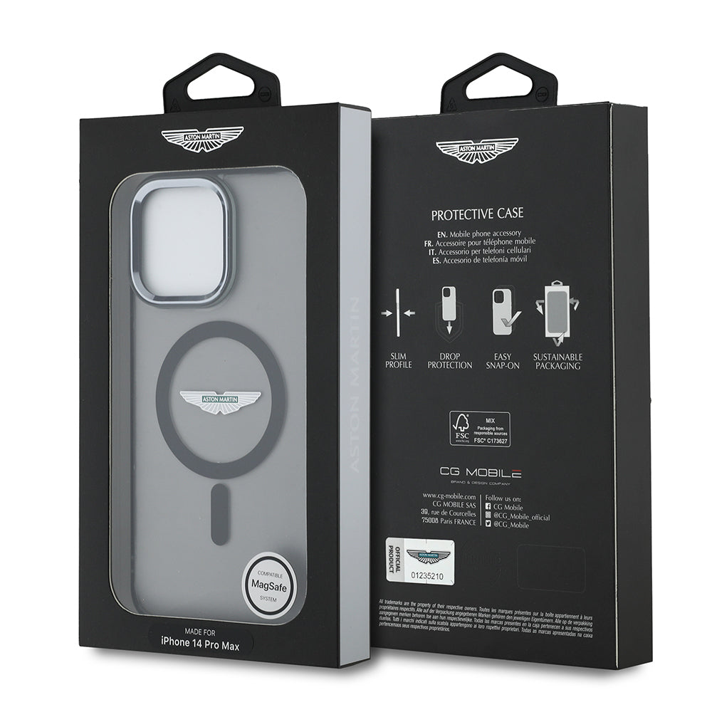 Apple iPhone 14 Pro Max Case Aston Martin Original Licensed M-Safe Charging Feature IML Print Logo Metal Button Cover Black