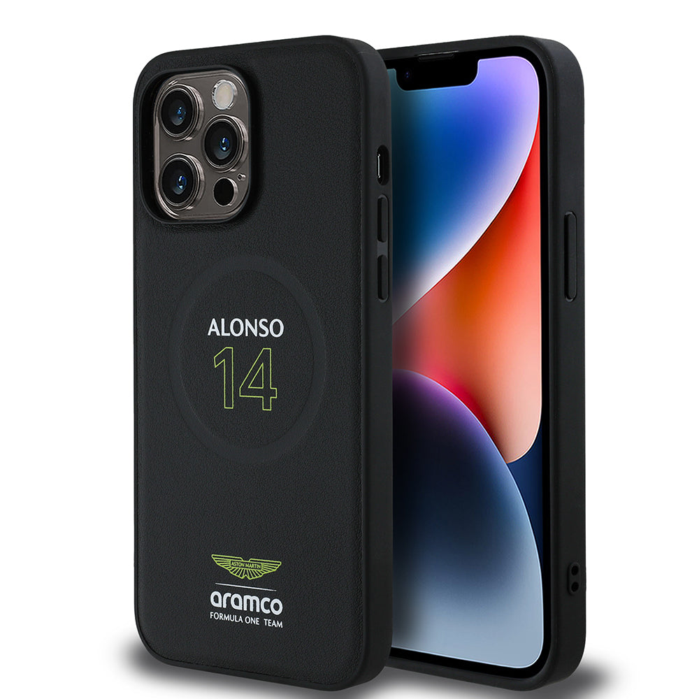 Apple iPhone 14 Pro Max Case Aston Martin Original Licensed M-Safe Charging Feature PU Leather Alonso 14 Printed Cover Black