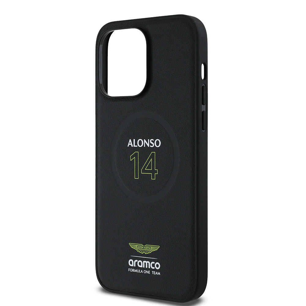 Apple iPhone 14 Pro Max Case Aston Martin Original Licensed M-Safe Charging Feature PU Leather Alonso 14 Printed Cover Black