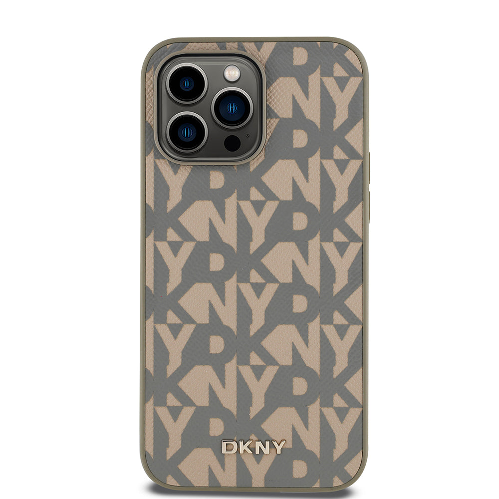 Apple iPhone 14 Pro Max Case DKNY Original Licensed M-safe Charging Feature 3D Printed Grid Pattern Cover Brown
