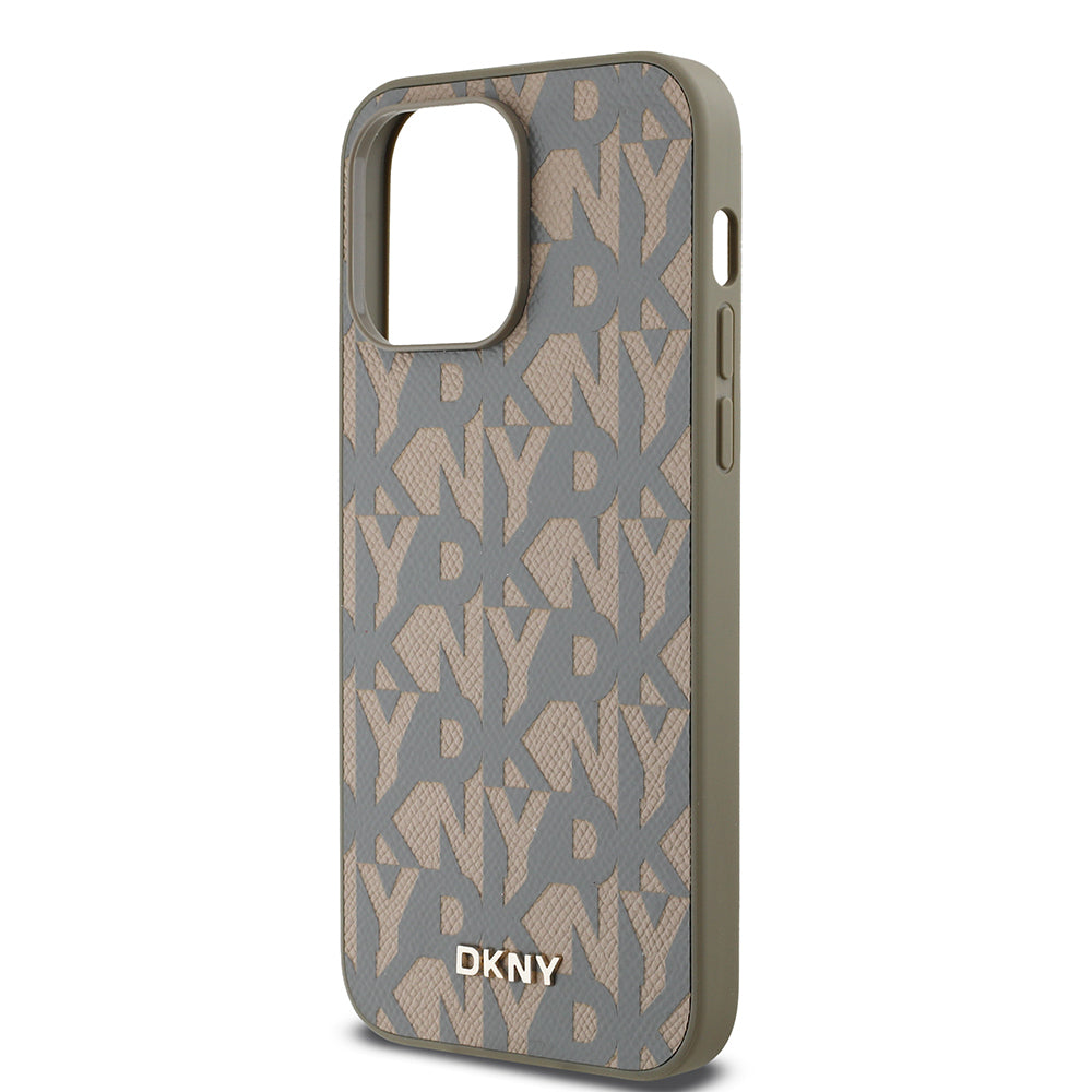 Apple iPhone 14 Pro Max Case DKNY Original Licensed M-safe Charging Feature 3D Printed Grid Pattern Cover Brown