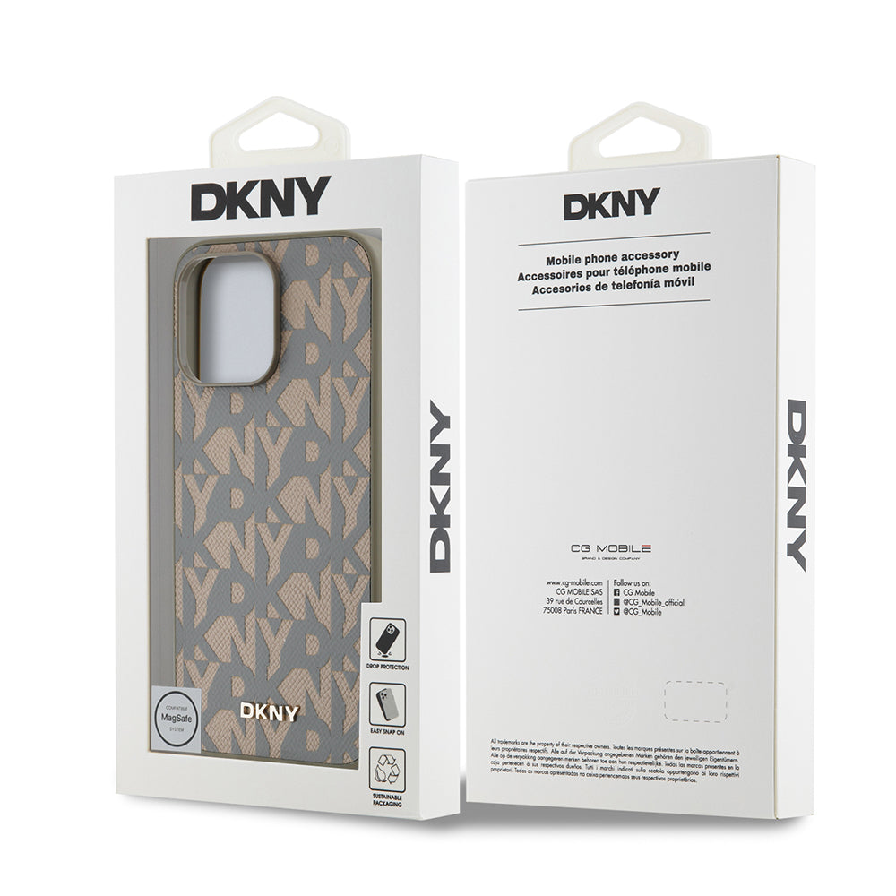 Apple iPhone 14 Pro Max Case DKNY Original Licensed M-safe Charging Feature 3D Printed Grid Pattern Cover Brown