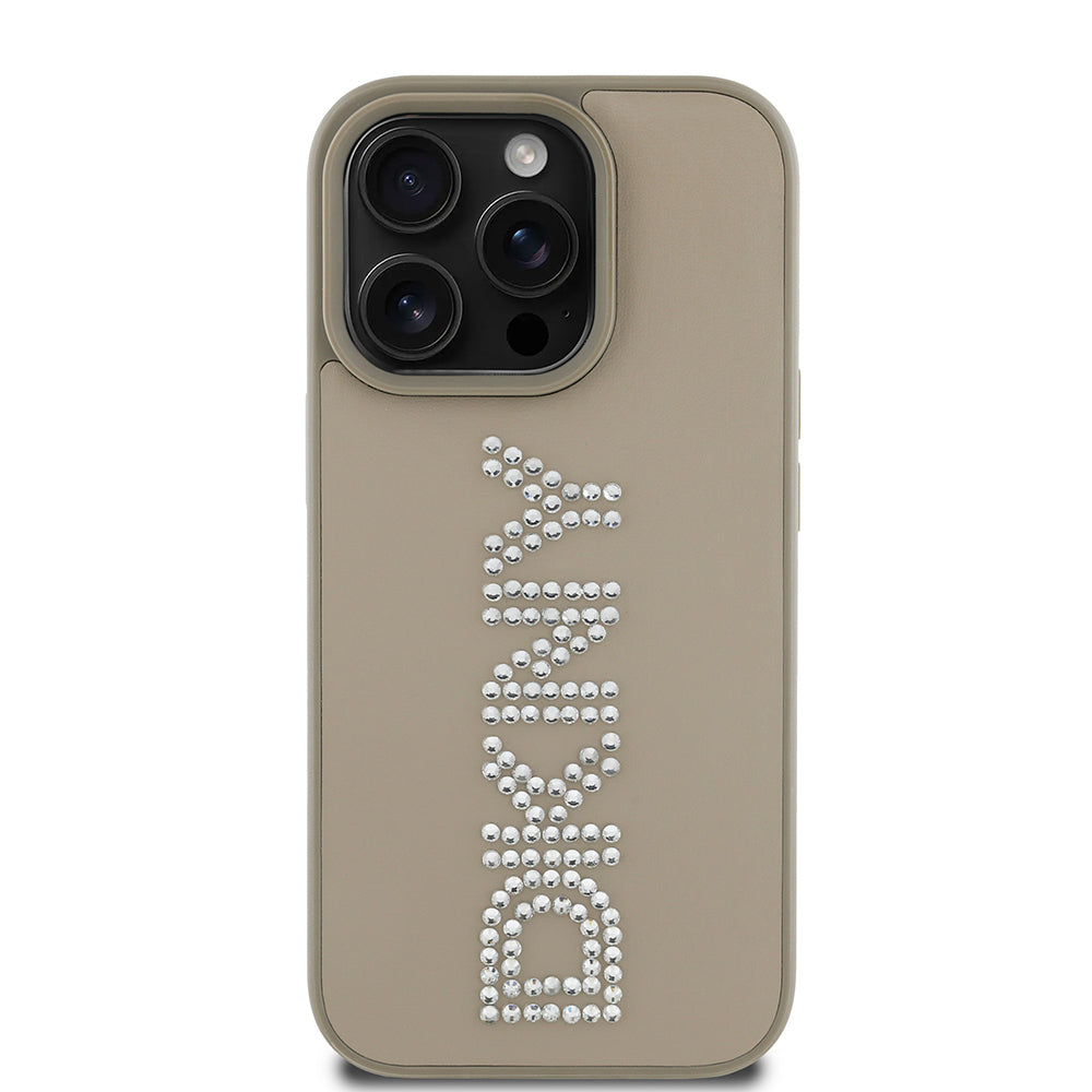Apple iPhone 14 Pro Max Case DKNY Original Licensed Stoned DKNY Written Metallic Rhinestones PU Leather Cover Brown