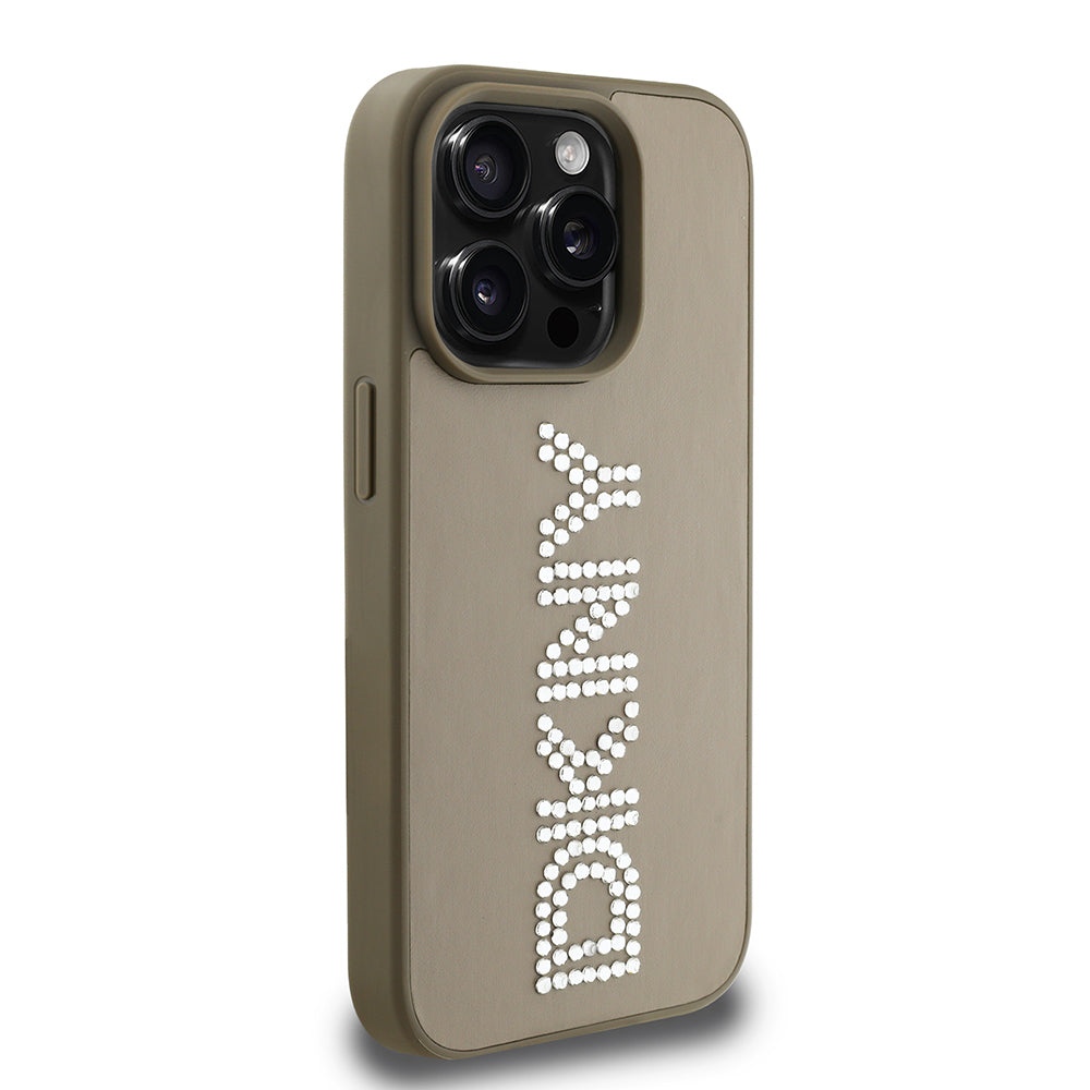 Apple iPhone 14 Pro Max Case DKNY Original Licensed Stoned DKNY Written Metallic Rhinestones PU Leather Cover Black