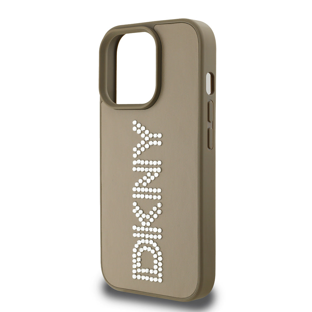 Apple iPhone 14 Pro Max Case DKNY Original Licensed Stoned DKNY Written Metallic Rhinestones PU Leather Cover Brown