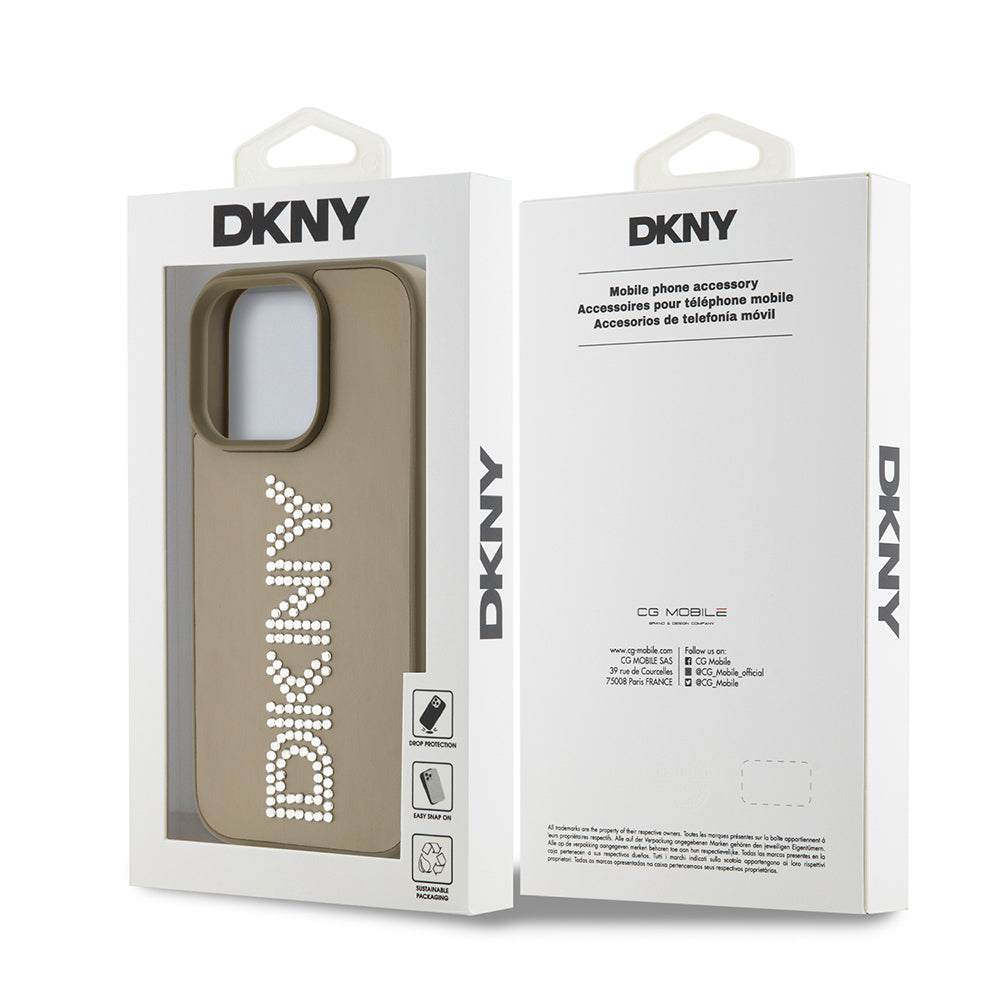 Apple iPhone 14 Pro Max Case DKNY Original Licensed Stoned DKNY Written Metallic Rhinestones PU Leather Cover Black