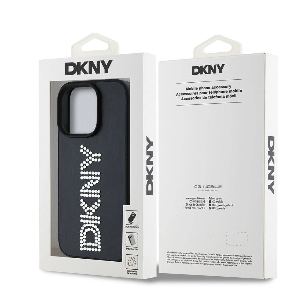Apple iPhone 14 Pro Max Case DKNY Original Licensed Stoned DKNY Written Metallic Rhinestones PU Leather Cover Brown