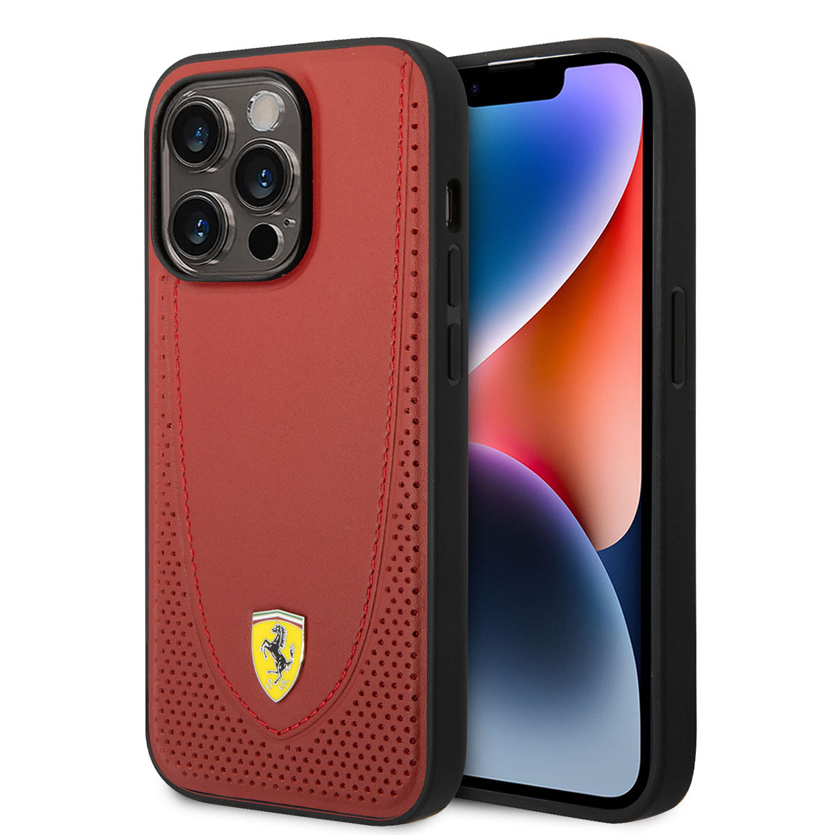 Apple iPhone 14 Pro Max Case Ferrari M-safe Charging Feature Leather Perforated Stitched Design Cover Red