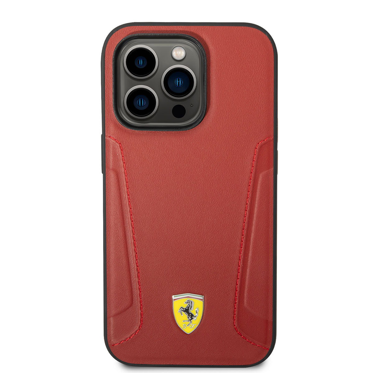 Apple iPhone 14 Pro Max Kılıf Ferrari M-safe Şarj Özellikli Deri Kenarları Damgalı Dizayn Kapak Siyah