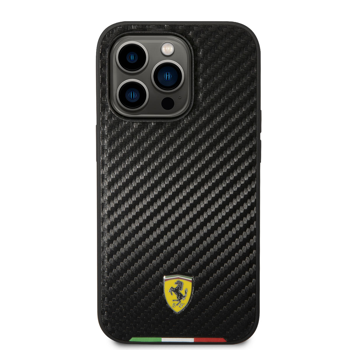 Apple iPhone 14 Pro Max Kılıf Ferrari M-safe Şarj Özellikli Karbon İtalyan Bayrak Dizayn Kapak Siyah