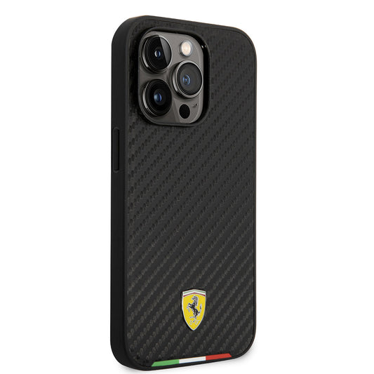 Apple iPhone 14 Pro Max Kılıf Ferrari M-safe Şarj Özellikli Karbon İtalyan Bayrak Dizayn Kapak