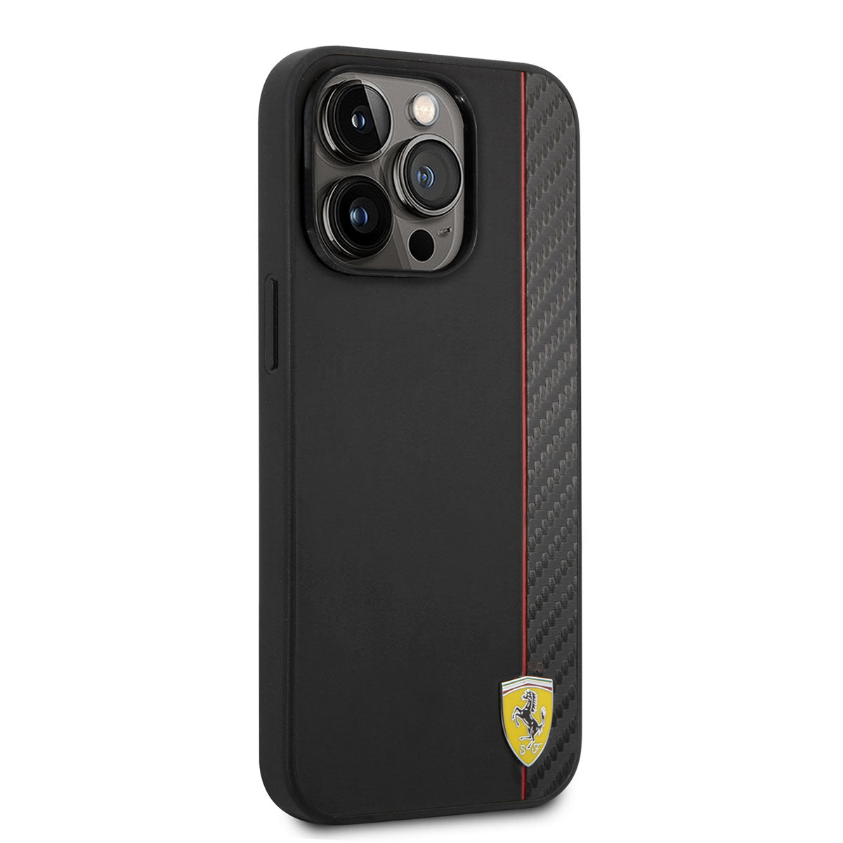 Apple iPhone 14 Pro Max Kılıf Ferrari M-safe Şarj Özellikli Pu Deri Ve Karbon Şeritli Dizayn Kapak Siyah