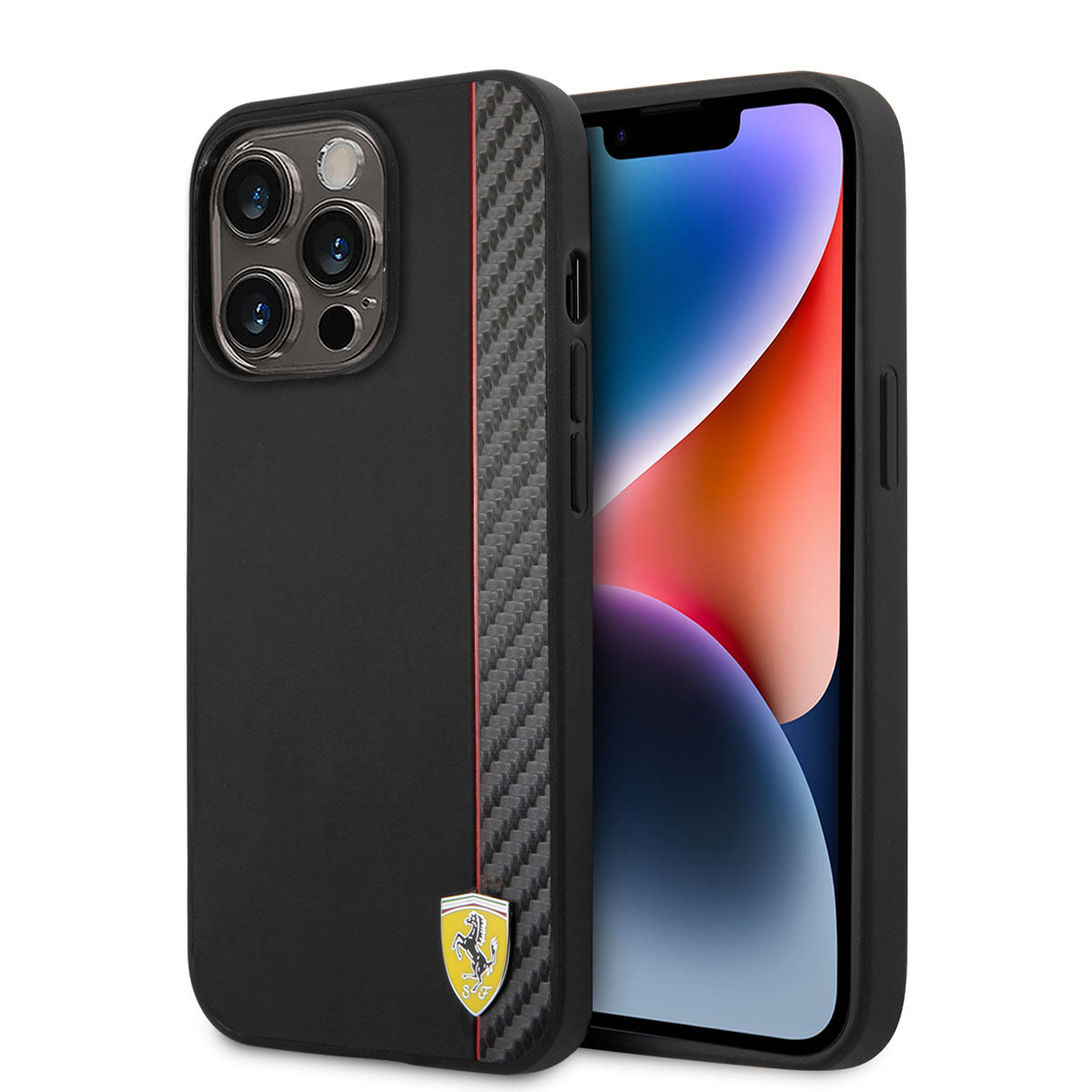 Apple iPhone 14 Pro Max Case Ferrari M-safe Charging Function PU Leather and Carbon Stripe Design Cover Black