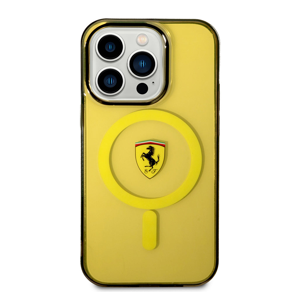 Apple iPhone 14 Pro Max Kılıf Ferrari M-safe Şarj Özellikli Yarı Transparan Dizayn Kapak Sarı