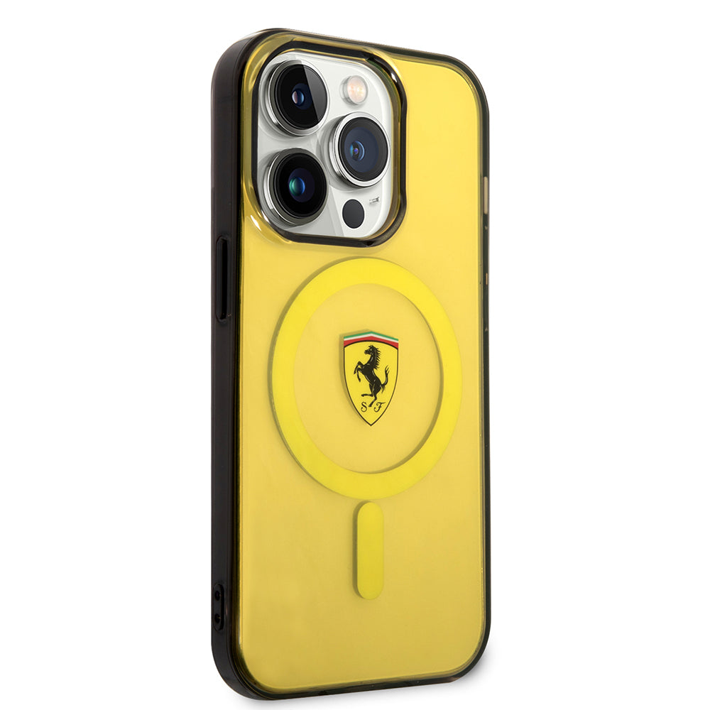 Apple iPhone 14 Pro Max Case Ferrari M-safe Charging Feature Semi-Transparent Design Cover Yellow