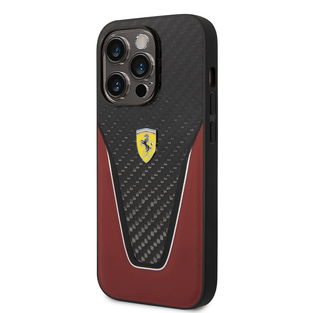 Apple iPhone 14 Pro Max Case Ferrari Original Licensed Classic Metal Logo Carbon V Pattern Cover Red