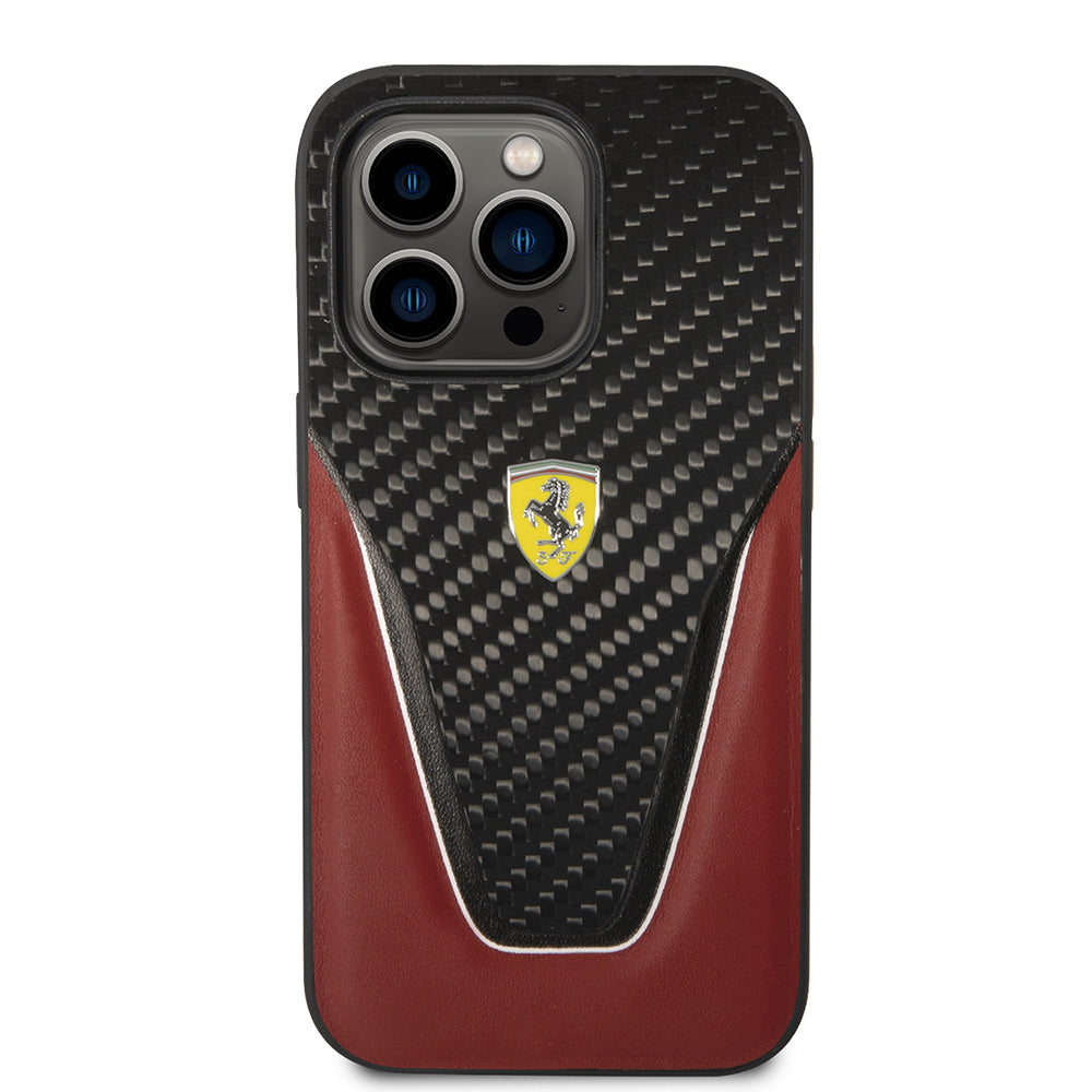Apple iPhone 14 Pro Max Case Ferrari Original Licensed Classic Metal Logo Carbon V Pattern Cover Red
